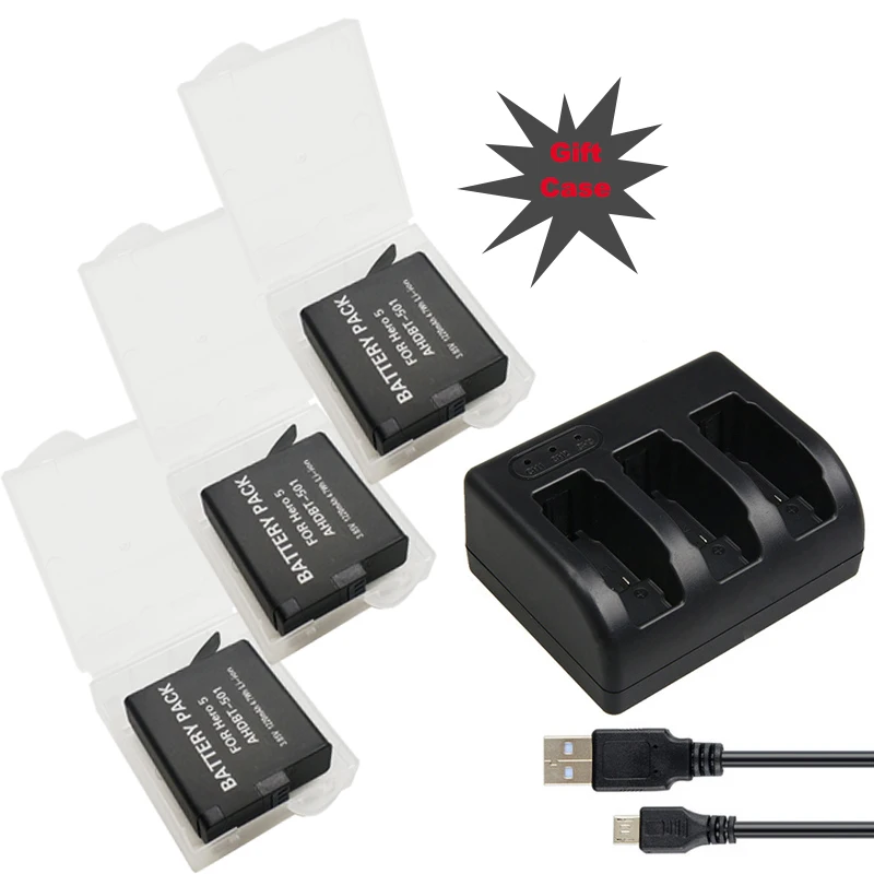 AHDBT-501 Go pro hero 7 батарея hero 6 hero 5 Bateria+ 3-Way с портом type-C зарядное устройство для экшн-камеры GoPro 5 hero 5 6 7
