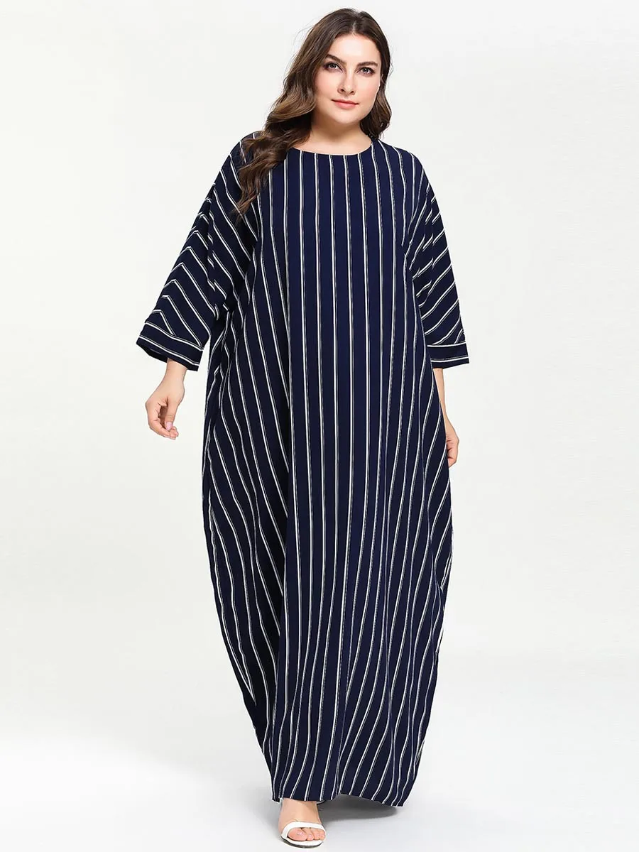 Мусульманское платье Abayas Дубай турецкое длинное платье в синюю полоску мусульманское платье с коротким рукавом женская мусульманская одежда больших размеров 4XL