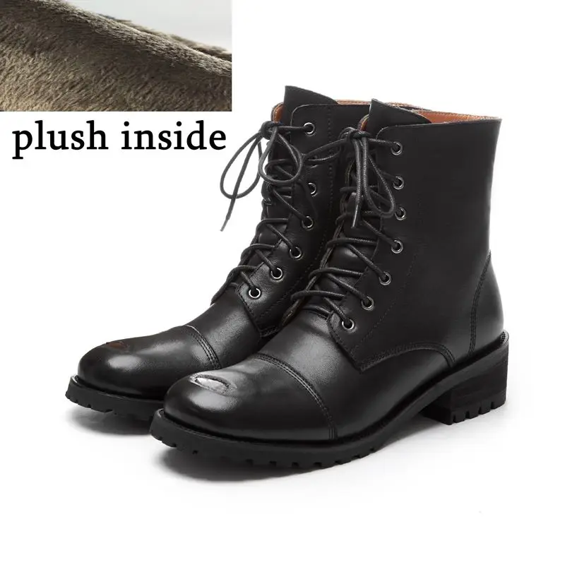 ALLBITEFO real genuine leather women boots Pure color Autumn Winter comfortable breathable ankle boots low heel boots Round toe - Цвет: plush inside