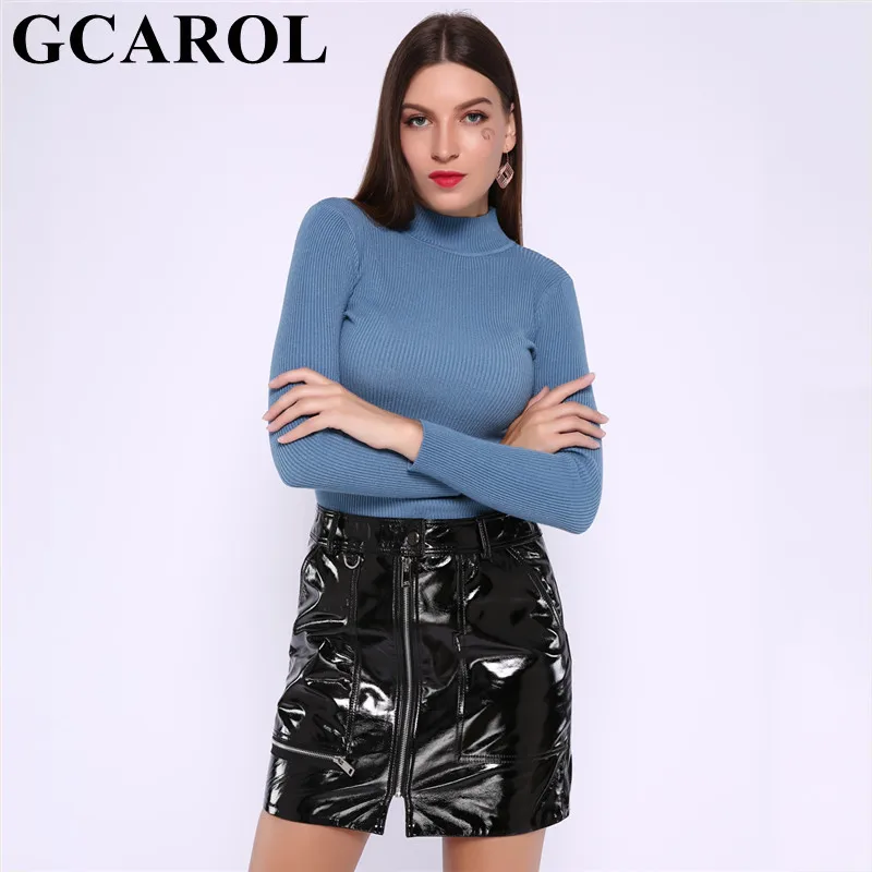 

GCAROL New Fall Winter Stand Collar Sweater Core Spun Yarn Knit Pullover Stretch Candy Warm OL Office Basic Render Knitted Tops