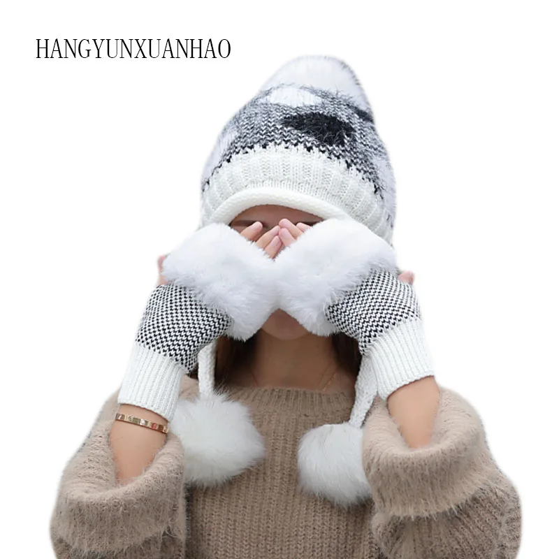 

Women Winter Fashion Pompom Ball Hat Knitted Glove Thick Warm Velvet Sets Winter Girls Skiing Skullies Cap Beanies Beanies Bonnet