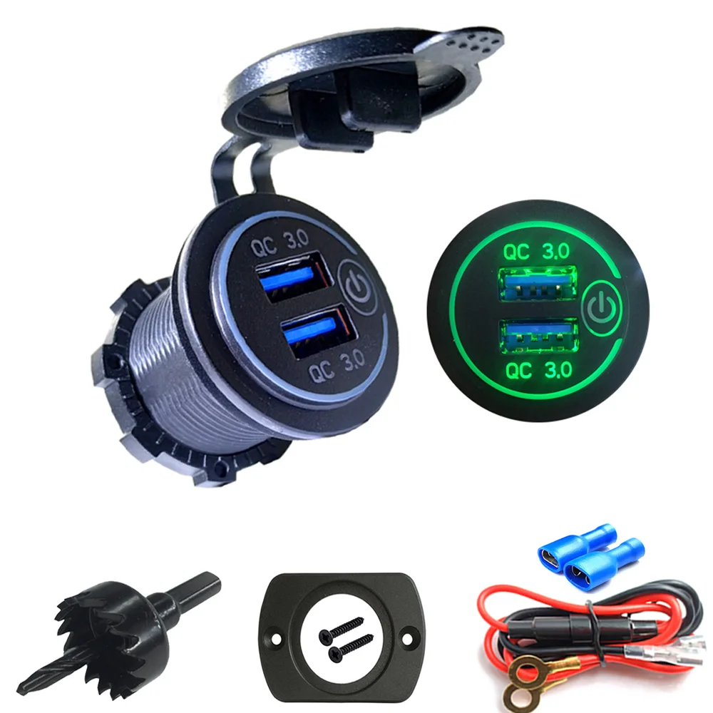 4 в 1 комплект 12 V-24 V QC3.0 Быстрая зарядка USB Мощность адаптер розетка с сенсорным выключателем 10A предохранитель волоконно оптический кабель для автомобиля лодка морской ATV
