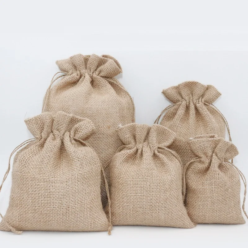 10pcs/lot 10x15cm, 14x18cm, 16x20cm, 15x25cm, 20x30cm, 24x35cm, 29x39cm Natural Jute Drawstring Bags Hessian Burlap Gift Bag