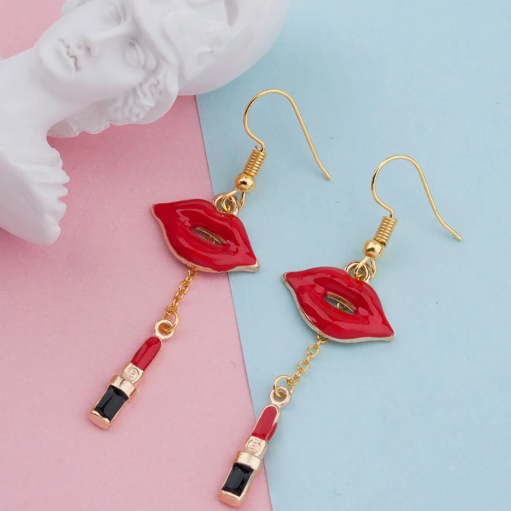 Doreen Box Fashion Makeup Earrings Gold Color Red Lipstick Lip Enamel