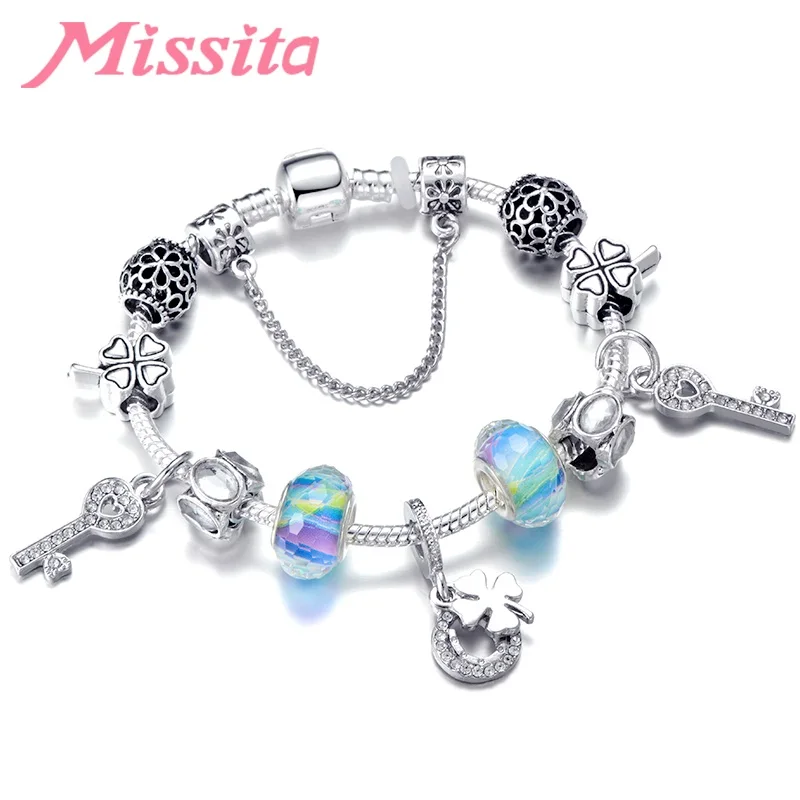 MISSITA Fashion Bracelet for Women Silver Charm Bracelet with Rose Pendant String Decoration Anniversary Gift pulseras mujer - Metal Color: AJ3016