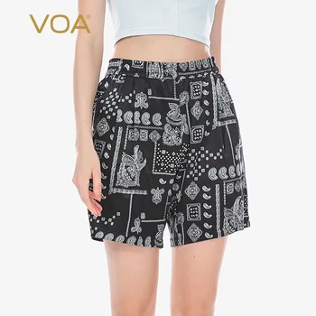 

VOA Satin 16mm Black with White Pattern Printing and Dyeing Silk Pleated Elastic Smooth Microprojectile Skin Shorts Female KE90