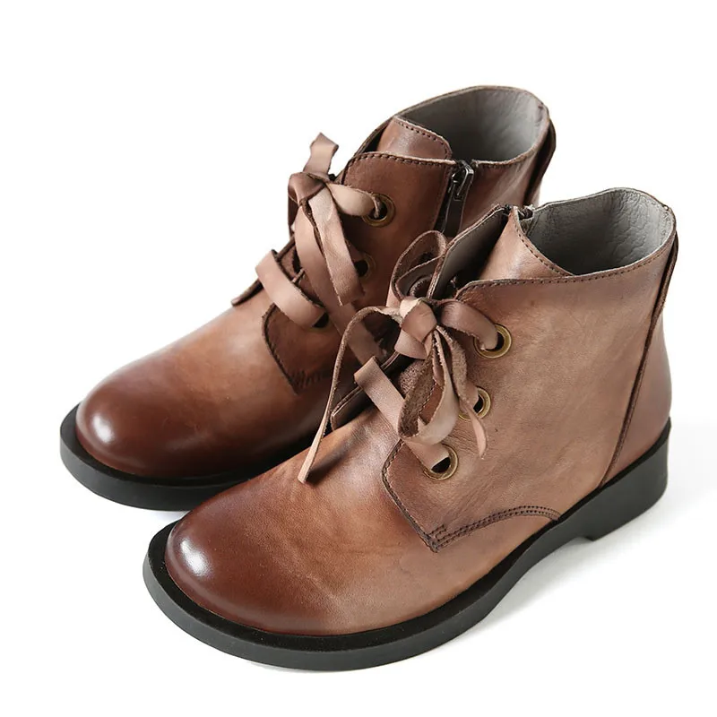 

Woman Genuine Leather Short Boots Autumn and Winter Ladies Lace Up Ankle Boots Mixed Colors British style Female Shoes