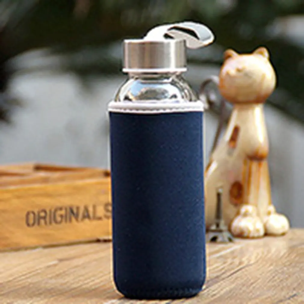 Navy 300ml Glass Drinking Bottle Borosilicate Glass Water Bottle with Cloth Cover Pouch Portable Travel Drink Bottle - Color: Navy