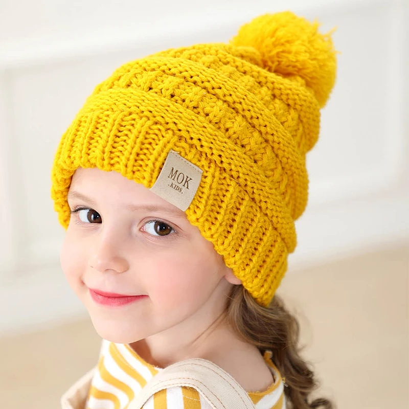 

Solid Baby Hats With Pom Poms Knitted Woolen Turban Beanie Warm Caps Soft Hat For Childern Girls Elastic Bonnet Autumn Winter