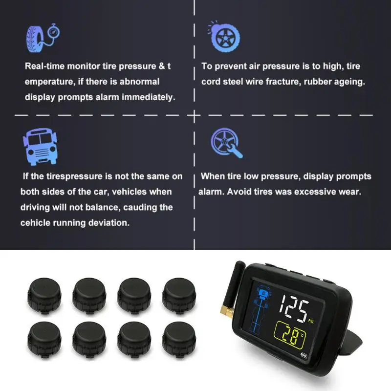 24 В грузовик беспроводной TPMS lcd Система контроля давления в шинах температура охранная сигнализация с 8 датчиками давления в шинах