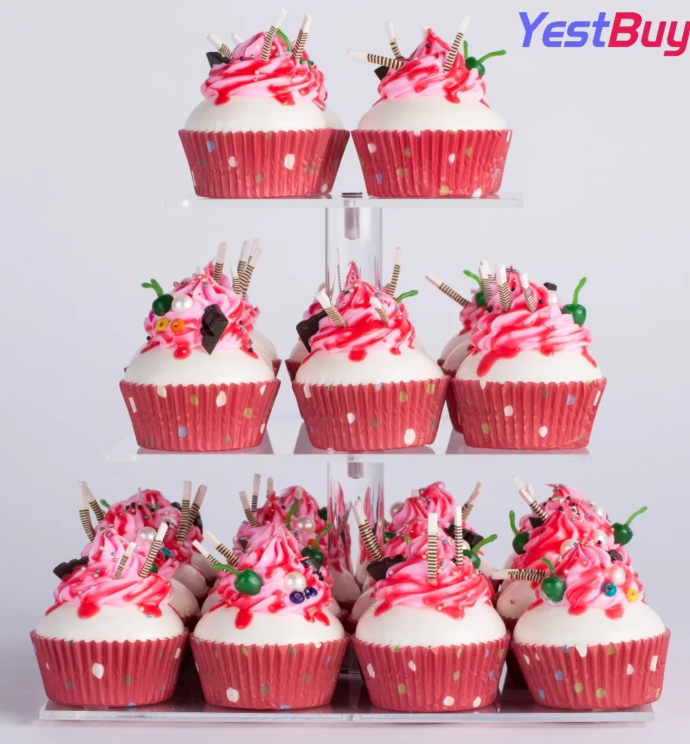 YestBuy 3 Tier Maypole Square Wedding Party Tree Tower Acrylic Cupcake Display Stand(3 Tier(10cm gap))(8.7 Inches
