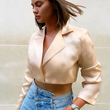 

Vintage Satin Turn Down Collar Short Blouse Long Sleeve Notched Women Elegant Blouse Autumn Winter Party Sexy Blouse