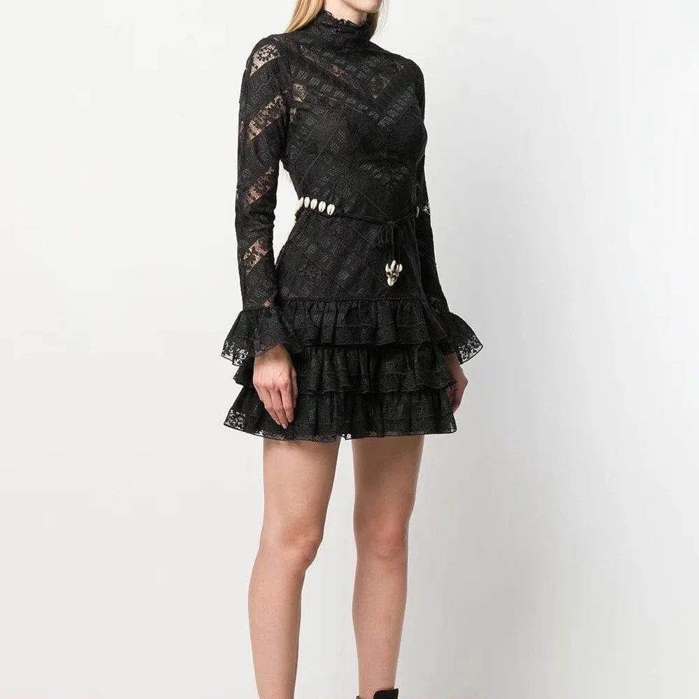 

Top Quality Cotton Lace Embroidered Hollow Out Patchwork Ruffle Layered Mini Dress With Flare Sleeve Matching Slip & Belt