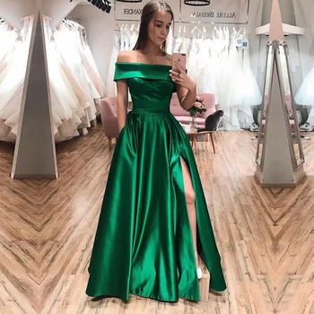 

Best Selling Satin Off Shoulder Green Evening Dress 2020 Sexy Side Split Ladies Gown Long Evening Party Custom Made Plus size