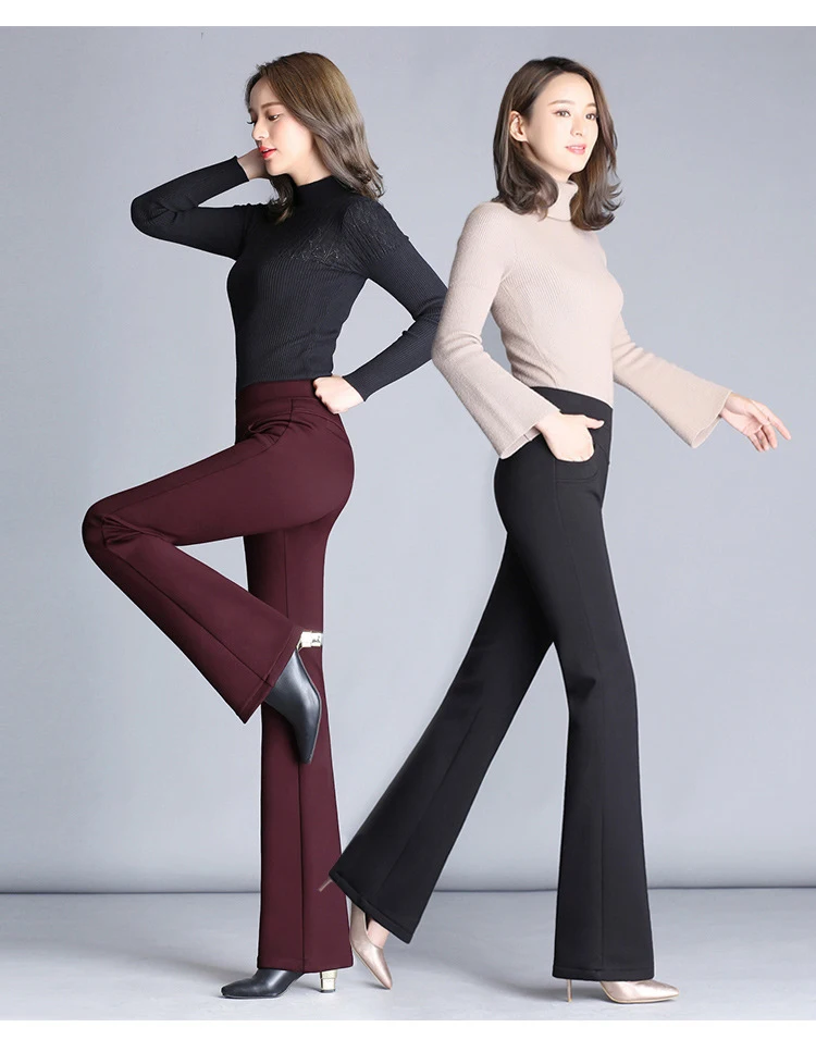 YUEY осень зима новые женские брюки плюс бархат утолщение Высокая талия Большой размер расклешенные брюки толстые эластичные брюки M до 6XL