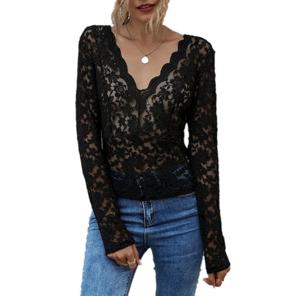 Ladies Casual Black Lace Hollow Out See-Through Top And Blouse Women Autumn Sexy V-Neck Long Sleeve Backless Tie Elegant Blouses Ladies Casual Black Lace Hollow Out See-Through Top And Blouse Women Autumn Sexy V-Neck Long Sleeve Backless Tie Elegant Blouses