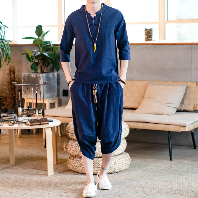 

Summer Chinese-style Flax Set Solid Color Small Stand Collar Young MEN'S Large Size Cotton Linen Thin Half-sleeve Shirt Set