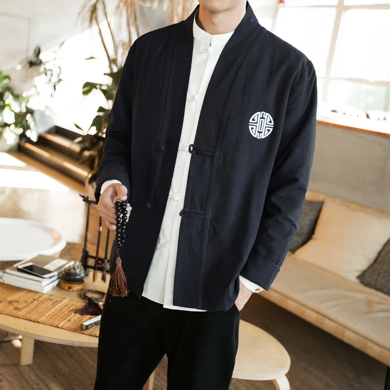 

2019 Spring New Style Casual Frog Cotton Linen Fabric Large Size Jacket Casual Robes Cardigan Coat Men Chinese Costume Men's