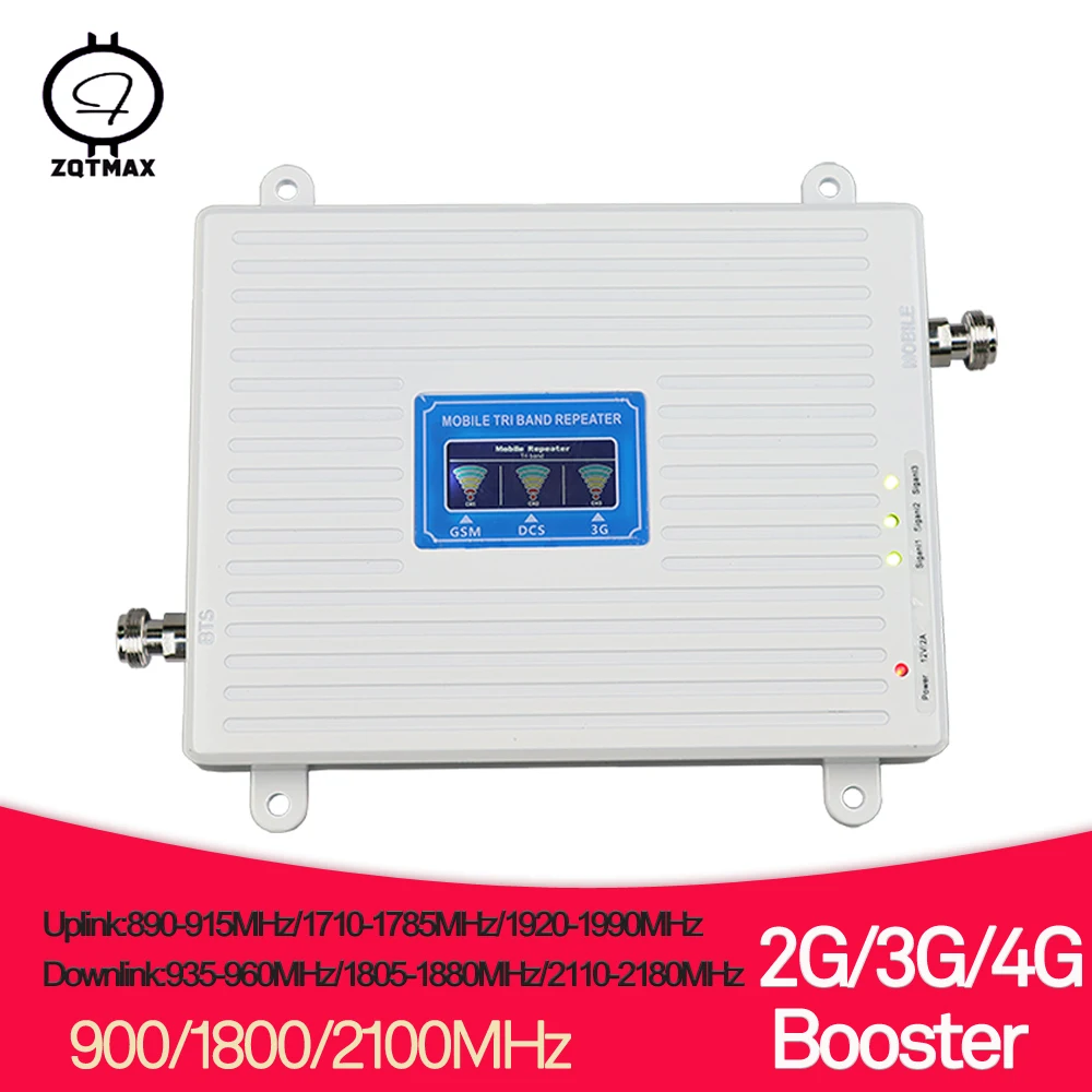 ZQTMAX 2G 3g 4G Мобильный усилитель сигнала gsm wcdma dcs повторитель 900 1800 2100 трехдиапазонный UMTS LTE усилитель сотовой связи данных+ антенна