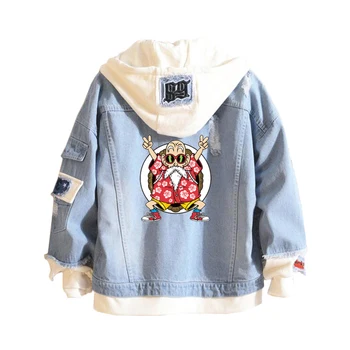 

fashion brand 2019 Dragon Ball Master Roshi Hoodie Anime men women Cowboy Fake Two Pieces Sweatshirt Hole Denim Jacket Coats