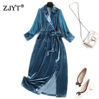 

Autumn Winter Clothes for Women 2020 New Europe Fashion Long Sleeve Turn Down Collar Bandage Midi Velour Dress Elegant