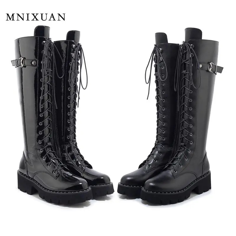 

MNIXUAN Cowboy Boots Women martin boots 2019 winter new genuine leather knee high platform boots block high heels Western Boots