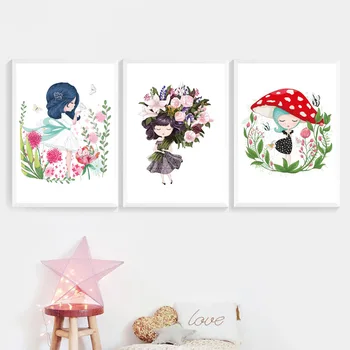 

Cartoon Baby Girl Flower Mushroom Nordic Posters And Prints Wall Art Canvas Painting Nursery Wall Pictures Kids Room Home Decor
