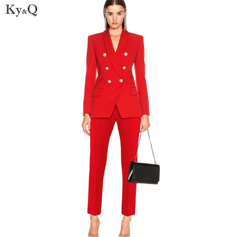 

2019 brands New office work blazer suits of high quality OL women pants suit blazers jackets with trouser two pieces set red