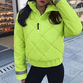 

New autumn winter fluorescent color patchwork thick loose cotton femme jacket fashion casual hip hop female coat