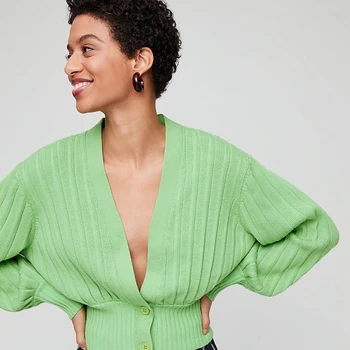 

Kendall Jenner Women's Knit Cardigan Sexy Deep V-neck Lantern Sleeve Slim Sweater Kaia Gerber 2020 Fashion Autumn Winter 38517-4