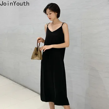 

Joinyouth Korean Solid Elegant V-neck Sling Dress 2020 Summer Sexy Basic Strap Dresses Ladies Sleeveless Vestidos Verano 59467