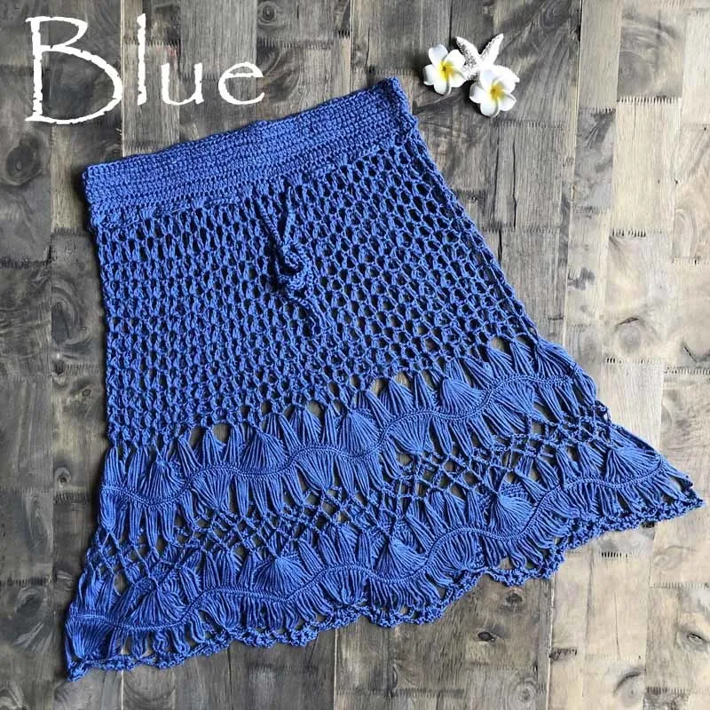 Вязанные крючком бикини Boho Хлопковые вязаные мини юбки женские летние пляжный с завышенной талией выдалбливают мини юбки крутые горячая распродажа - Цвет: Blue One size