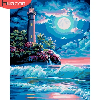 

HUACAN DIY Pictures By Number Tower Kits Drawing On Canvas Painting By Numbers Seascape Hand Painted Picture Gift Home Decor
