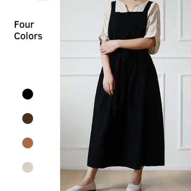 Japanese Apron Pinafore Dress Fashion Korean Work Gown Apricot with Long Waist Tie for Women Kitchen Cooking Baking Robe TJ3648 3