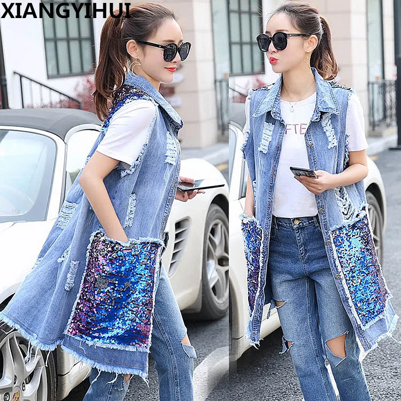 Женский джинсовый жилет с блестками длинный дырками без рукавов размера плюс