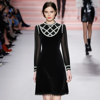

velvet dress lace fabric 2020 winter long sleeve brand high quality Runway Women Dresses beading diamonds little black dress