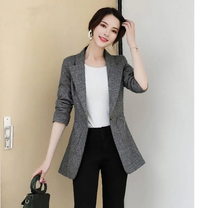 Vangull Women Autumn Plaid Blazer Spring Long Sleeve Slim Checked Coat Formal Jacket Office Suit Lady Outerwear Plus size XXXXL