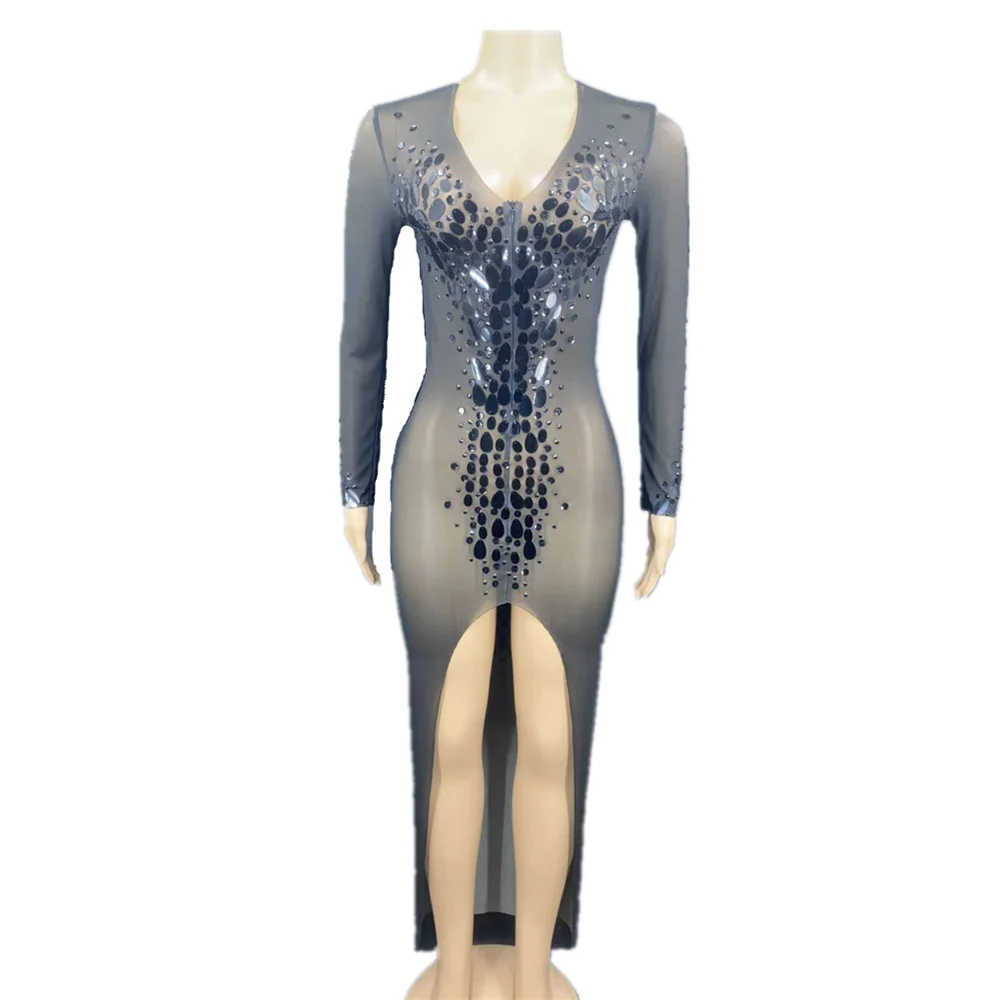 

Front Split Black Sequins See Through Dress Birthday Celebrate Prom Wear Women Dancer Evening Party Show Dresses Dance Costumes