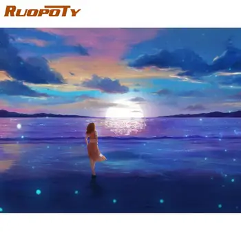 

RUOPOTY Moon On Ocean Scenery Landscape Painting By Numbers Diy Gift For Kids Adults Oil Paints Kits Modern Home Decors