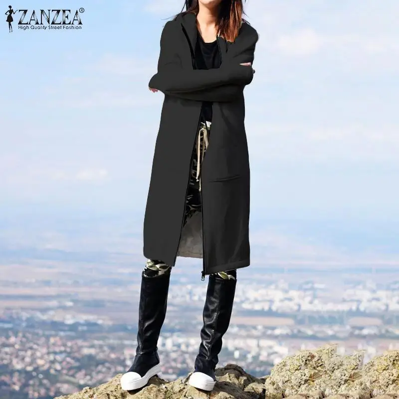 ZANZEA Осень Зима повседневные женские длинные толстовки Толстовка пальто на молнии верхняя одежда куртки с капюшоном размера плюс с капюшоном Chaqueta 5XL