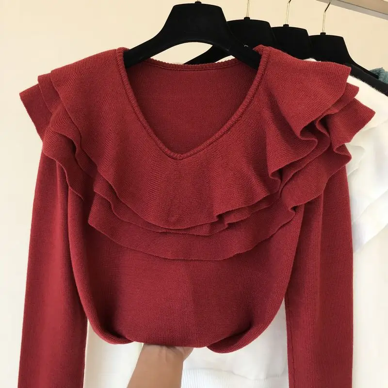 ALPHALMODA осень зима модный свитер с оборками и v-образным вырезом с длинным рукавом Женский Повседневный однотонный вязаный джемпер зимний топ