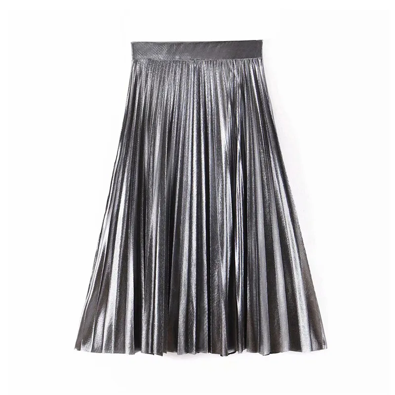 Винтажная элегантная Серебристая плиссированная юбка с высокой талией, базовые однотонные миди юбки для женщин, повседневные юбки до середины икры