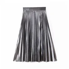 Винтажная элегантная Серебристая плиссированная юбка с высокой талией, базовые однотонные миди юбки для женщин, повседневные юбки до середины икры