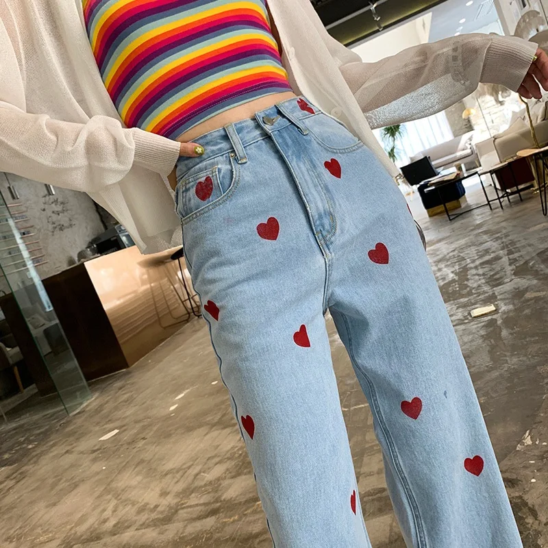 Harajuku Jeans Woman Cute Heart Print 