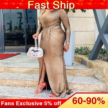 

Sexy Women Party Dress African 2019 Dinner Night Brown V-Neck Split Floor-Length Maxi Long Dresses Plus Size Elegant Robe 5XL