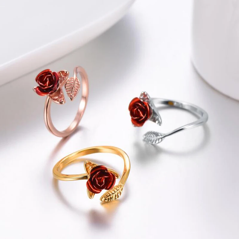 Кольца на палец с изображением красных роз, цветов и листьев для женщин, подарок на день Святого Валентина, ювелирные изделия, распродажа, Открытое кольцо
