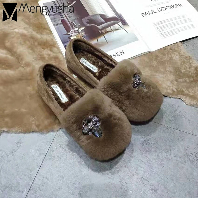 Роскошные Мокасины со стразами и кроличьим мехом; женские теплые зимние криперы из натурального меха; удобные нескользящие оксфорды; обувь на плоской подошве для беременных