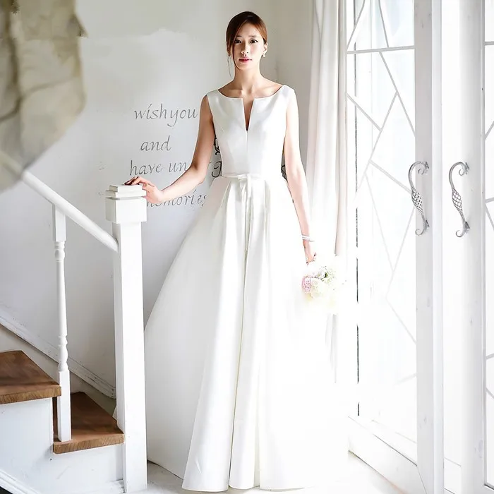 Vestidos de novia Casamento новое популярное Белое Атласное длинное недорогое свадебное платье трапециевидной формы с бантом и поясом