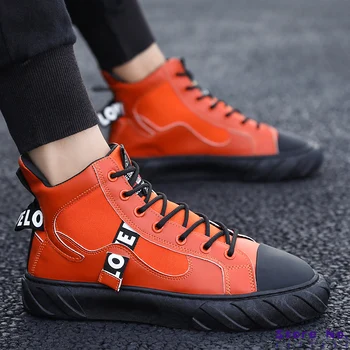 

Black White Men Lace Up Ankle Boots Flats Shoes High Top Leather Casual Shoes Men's Vulcanize Senakers Walking Shoes