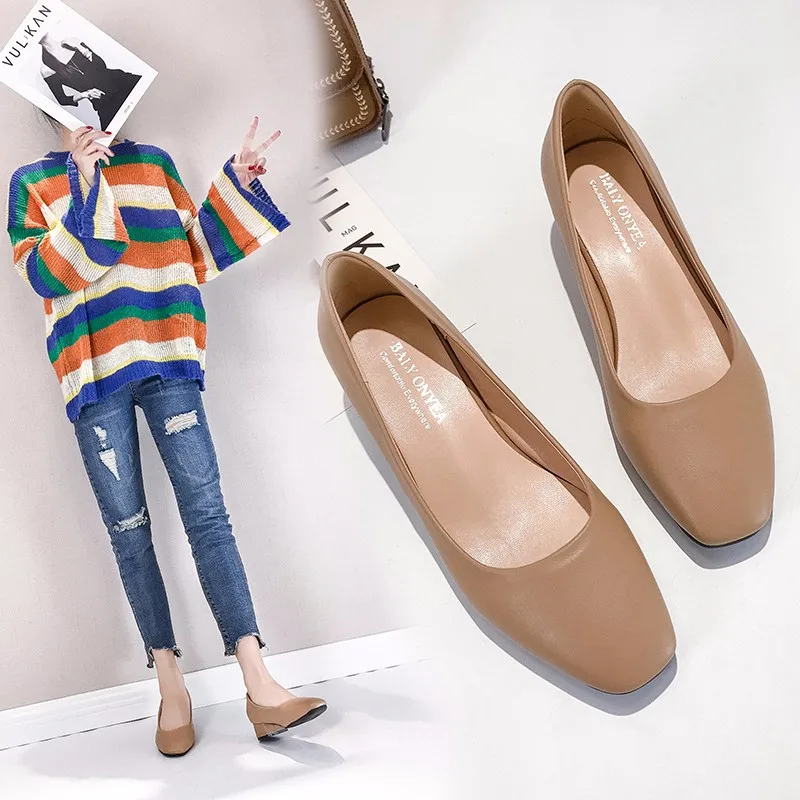 Women Loafers Simple PU Leather Slip-on Shoes Round Toe Mid Heel Ladies Party Student Shoes Pumps Moccasins chaussures femme